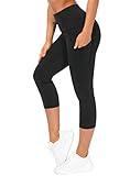 THE GYM PEOPLE Thick High Waist Capris Yoga Pants with Pockets, Tummy Control Workout Running Yoga Leggings for Women Black