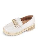 Coutgo Girl's Platform Penny Loafers School Uniform Flats Slip on Round Toe Metal Chain Dress Shoes, Beige, Size 4