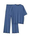 PRETTYGARDEN Women's 2 Piece Outfits Casual Short Sleeve Pullover Tops and Wide Leg Pants Lounge Sets Tracksuits (Blue,Medium)