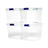 HOMZ 4 Pack Large Clear Plastic Storage Bins with Latching Lids, 31 Quart, Blue