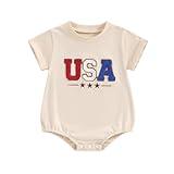 Aiwpstoin 4th of July Baby Boy Girl Outfit USA Letter Printed Short Sleeve Bubble Romper Infant Summer Clothes (Khaki Letter, 0-3 Months)