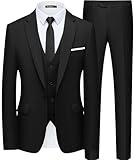 WULFUL Men’s Slim Fit Suit One Button 3-Piece Blazer Dress Business Wedding Party Jacket Vest & Pant Black