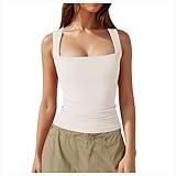 Women's Sleeveless Strappy Tank Square Neck Double Layer Workout Fitness Casual Basic Crop Tops