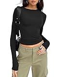 Trendy Queen Womens Long Sleeve Shirts Basic Crop Tops Tight Slim Fit Cute Teen Girls Fall Winter Y2k Clothes Black M