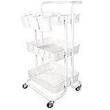 Ceeyali 3-Tier Rolling Utility Cart Storage Organizer Shelf Cart with Lockable Wheels and 3PCS Cups and 8PCS Hooks for Home Kitchen,Bathroom,Office,Laundry Room etc. (3 Cup 8 Hook White)