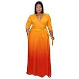 Runwind Plus Size Dress for Women 3/4 Sleeve V Neck Maxi Dresses for Women Gradient Orange Red Size 2XL