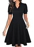 Mokayee Black Dresses for Women Funeral Summer Short Sleeve Semi-Formal Knee Length Sunday Church Fit and Flare Flattering Business Casual Office Work Ladies Dress with Pockets L