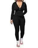 PINSV Women Two Piece Outfits Workout Sets Bodycon Tracksuit Long Sleeve Zip Up Hoodie Jacket Jogger Matching Sweat Pants Set Black XL