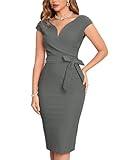 MUXXN Womens 1950s Style Wrap V Neck Midi Cap Sleeve Ruched Nigh Tea Pencil Dress Gray M