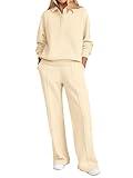 PRETTYGARDEN Women Fall 2 Piece Outfits Sweatsuits Quarter Button Long Sleeve Sweatshirt Wide Leg Pants Tracksuit Lounge Sets(Beige,Large)