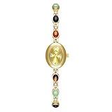 Womens Gold Petite Vintage Colorful Jade Crystals Beaded Waterproof Watch Small Pearl Oval Dial Arabic Numerals Fashion Bracelet Wrist Watch (Gold)