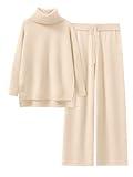 ANRABESS Women Two Piece Outfits Oversized Turtleneck Knit Pullover Sweater Top Wide Leg Pants Lounge Set Sweatsuit 2024 Fall Beige Medium