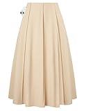 Kate Kasin Women's Beige Pleated Midi Skirt Summer 2025 Long High Waisted Knee Length Flowy A Line Casual Skirts with Pockets