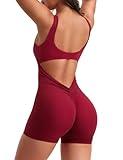 YEOREO One Piece Workout Jumpsuits for Women Backless Tummy Control Sleeveless Jumpsuits Lizvette V Back Scrunch Yoga Romper Wine Red M