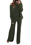 Fixmatti Two Piece Sweater Sets For Women 2024 Knit Wide Leg Pant Lounge Set Army Green XL