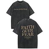 Weetiotio Christian Faith Over Fear Shirt for Men Jesus Religious Shirts Oversized Graphic Tees Acid Wash God T-Shirt(Black,L)