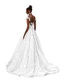 Zeeyecie White Cap Sleeve Wedding Dresses for Bride Glitter Tulle Ruched Bridal Gowns with Train Long Beach Wedding Dress US6