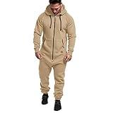 WUAI Onesie Men's Hooded Jumpsuit Zip Up One Piece Pajamas Playsuit Jogger Sweatsuit Overall Romper Khaki