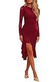 Hocuos Womens 2024 Round Neck Long Sleeve Ruffle Hem Midi Dress Mesh Ruched Bodycon Formal Cocktail Wedding Guest Dresses-Burgundy Medium