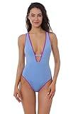Lucky Brand Women's Standard Marbella Maillot One Piece Swimsuit, Plunge Neck, Bathing Suits, Provence Blue