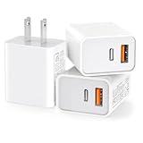 3 Pack USB C Wall Charger, 20W Durable Dual Port QC+PD 3.0 Power Adapter, Double Fast Plug Charging Block for iPhone 13/14/15/16/16 Pro/Pro Max/Plus, XS/XR/X, Watch Series 8/7 Cube，White