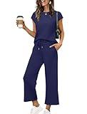 SAMPEEL Women's 2 Piece Sets Casual Cozy Wide Leg Pants Matching Sets Women Clothing Business Casual Outfits Travel Airport Royal Blue S