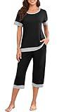 PrinStory Women's Pajama Set Short Sleeve Shirt and Capri Pants Sleepwear Pjs Sets Lounge Set Black-M