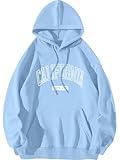 ORANDESIGNE Women's Oversized Graphic Hoodies Long sleeve Letter Print Drawstring Pullover Sweatshirts CALIFORNIA Blue Medium