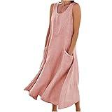 Women's Summer Cotton Linen Long Dress Sleeveless Elegant Flowy Dresses Plus Size Loose Comfy Dress with Pockets Dresses for Women 2024 Pink S