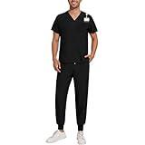 GAANBODI Scrubs for Men Mens Scrubs Set Stretch Short Sleeve V-Neck Uniform Scrub Top & Jogger Pant Medical Sets with Pockets Black Medium