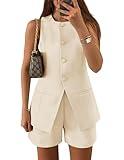 ZESICA Women's 2025 Summer 2 Piece Short Sets Sleeveless Crew Neck Suit Vest Tops High Waist Shorts Business Outfits,Apricot,Small