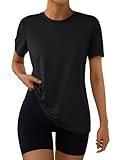 AUTOMET Women's Workout Tops Short Sleeve Gym Shirts Summer Athletic Yoga Tshirts Loose Fit Casual Clothes 2025 Black M