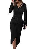 SHIBEVER Long Sleeve Dresses for Women Winter 2024 Midi V Neck Dress Lightweight Cocktail Party Dress with Twist Front Waist Black L