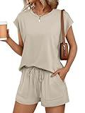 AUTOMET Womens Lounge Two 2 piece Sets Summer Outfits 2025 Loungewear Matching Beach Vacation Clothes Sweatsuits Sweat Pajamas Pjs Romper Top Shorts Fashion Trendy Travel Teen Clothing Khaki S