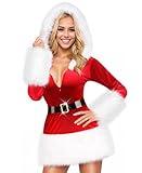 RSLOVE Christmas for Women Santa Costume - Sexy Santa Outfit 2Pcs Velvet Babydoll Lingerie Dresses with Belt Furry Halloween Cosplay Red, S