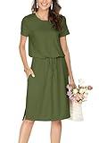 Women Summer Short Sleeve Pocket Travel Midi Knee Work Casual Dress Army Green L