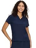 COZYFIT Scrub V-Neck Tops for Women, Soft Stretch Women's Tops Easy Care with 3 Pockets, Navy Blue, L