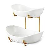 HOMKULA 2 Tier Ceramic Fruit Bowl for Kitchen Counter, Tiered Fruit Basket for Countertop, Modern Multi Layer Fruit Display Stand for Party, Cute & Smal (Gold&White)