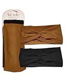 Kitsch Recycled Fabric Wide Turban Headbands for Women and Teens - Non-slip, Trendy Fashion Hair Bands for Spa, Workout, Skincare Routine, Yoga & Gym - Cotton, Comfortable & Thick, 2pcs -Black & Camel