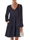 ANRABESS Women's Casual Long Sleeve V Neck Tiered Swing Flowy Loose A-line Cute Mini Short Fall Dress 2024 Navy Blue Large