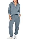 Glamaker Two Piece Outfits For Women Loose Sweatsuits Jogger Sets with Pockets Quarter Zipper Fashion Clothes 2024(Blue Grey S)