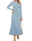 ZESICA Women's Long Sleeve Sweater Dress Fall Crewneck Ribbed Knit Pleated A-Line Maxi Wedding Guest Dresses, Light Blue, Medium