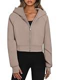 Trendy Queen Womens Zip Up Hoodies Jackets Cropped Sweatshirts Fleece Fall Outfits Casual Comfy Y2k Tops Winter Clothes 2024 CoffeeGrey L