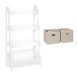 RiverRidge Kids 4-Tier Ladder Shelf Bookcase with Toy Organizer Bin 2 Taupe Fabric Folding Bins and Spacious Open Shelves Display Stand for Books Toys & Games