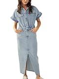 Fisoew Womens Denim Maxi Dress Casual Short Sleeve Collared Split Front Summer Jean Dresses