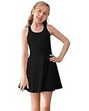 Haloumoning Girls Sleeveless Tennis Dress Kids Racerback Golf Dress School Sports Dresses Outfit with Shorts Pockets Black
