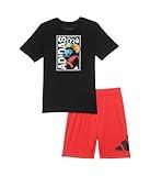 adidas Boys' Short Sleeve T-Shirt and Poly Shorts 2-Piece Set, Black and Red, 5