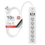 GE 6-Outlet Surge Protector, 10 Ft Extension Cord, Power Strip, 800 Joules, Flat Plug, Twist-to-Close Safety Covers, UL Listed, White, 14092