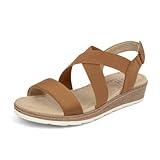 VJH confort Women's Flat Sandals, Comfort Slip-on Elastic Ankle Strap Slingback Light Weight Casual Walking Sandals(Camel 1,12)