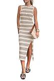 PRETTYGARDEN Women's Summer Bodycon Sundresses Casual Midi Sleeveless Hollow Out Knit Side Slit Striped Long Tank Dress (Apricot,Medium)